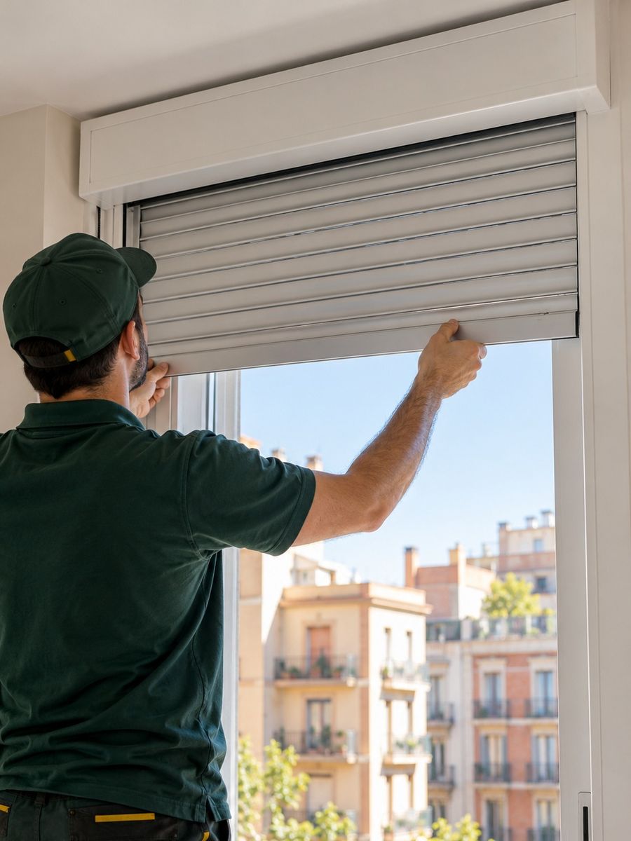 Persiana enrollable de aluminio recién montada en la ventana de un piso reformado de Hostafrancs
