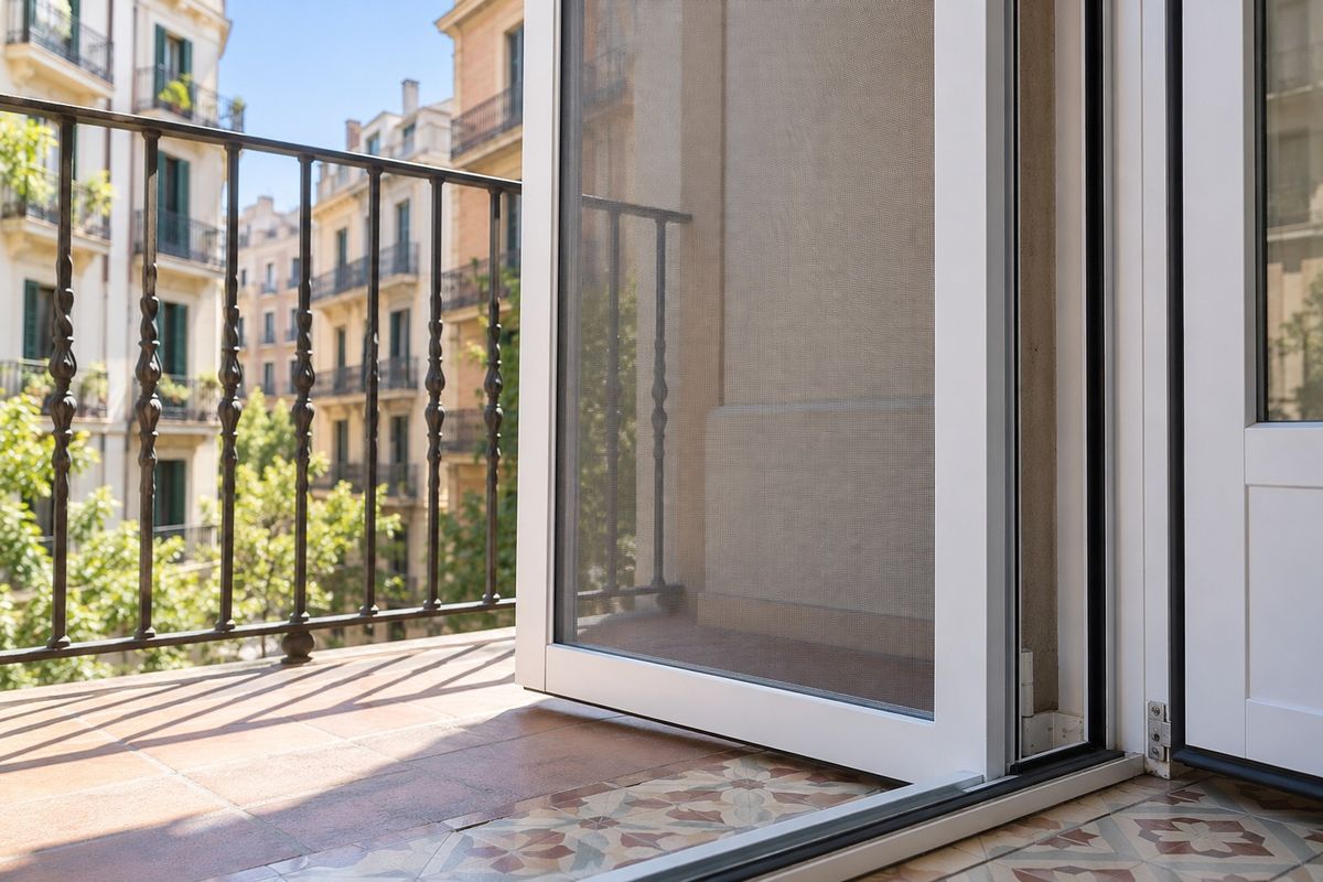 Mosquitera a medida con marco de aluminio blanco en la puerta de un balcón de un piso de Hostafrancs