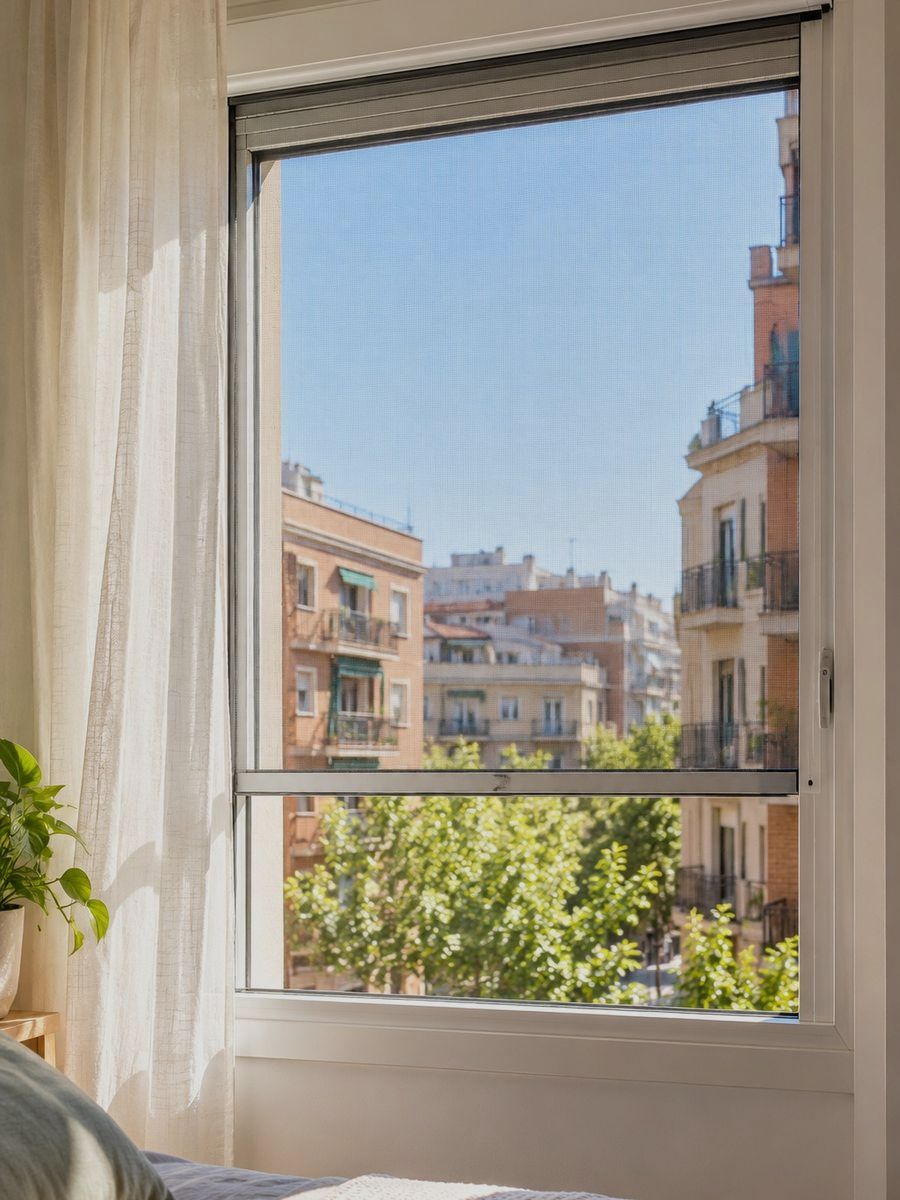 Mosquitera enrollable a media altura en la ventana de un dormitorio, con la malla gris tensada entre sus guías