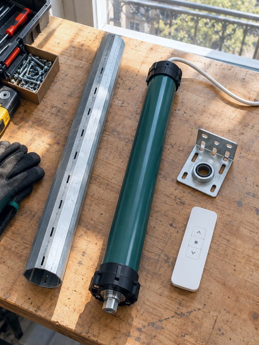 Motor tubular y mando a distancia sobre el banco del taller, listos para montar en una persiana