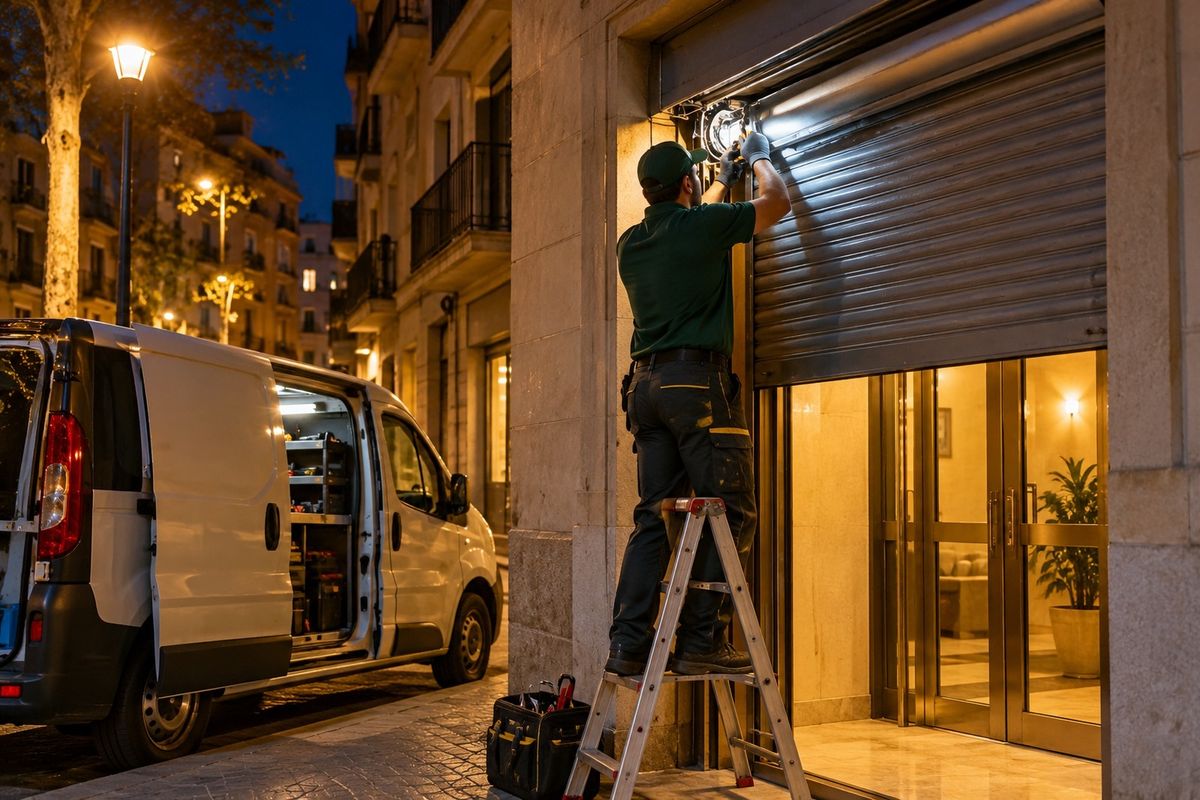 Furgoneta del taller aparcada de noche frente a una finca, durante un aviso urgente de persiana